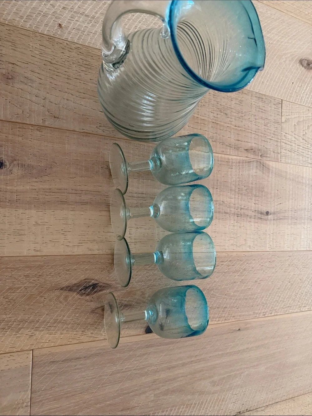 Clear Glass Pitcher and Goblet Set with Ocean Blue Rim - Home Dining